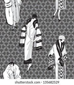 Flapper girls (20's style) seamless pattern: Retro fashion party background. Women on runway black and white vector vintage graphic.