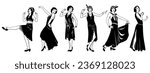 Flapper Girls Set. Retro beauty women 20s. Black and white ink style vector cliparts isolated on white.