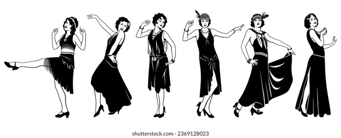 Flapper Girls Set. Retro beauty women 20s. Black and white ink style vector cliparts isolated on white.