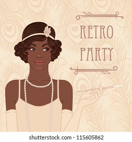 Flapper girls set: retro party invitation design in 20's style (african americam woman)