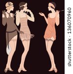 Flapper girls set: three young beautiful women of 1920s in different dresses are talking