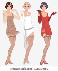 Flapper Girls Set: Three Young Beautiful Women Of 1920s In Different Dresses