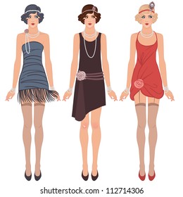 Flapper girls set: three young beautiful women of 1920s in different dresses