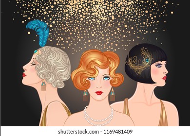 Flapper girls set: three young beautiful women of 1920s. Vector for glamour event, thematic wedding or jazz party.