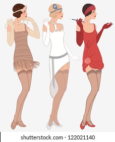 Flapper girls set: three young beautiful women of 1920s in different dresses