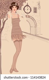 Flapper girls set: vintage woman in1920s style dresses standing on the street of old town