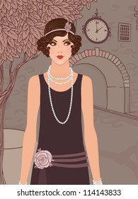 Flapper girls set: vintage woman in1920s style dresses standing on the street of old town