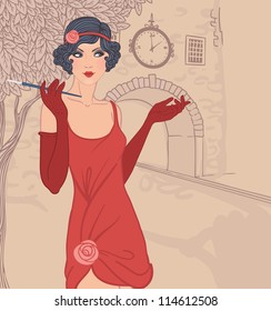 Flapper girls set: vintage woman in1920s style dresses standing on the street of old town