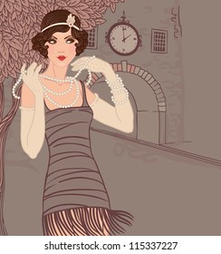 Flapper girls set: vintage woman in1920s style dresses standing on the street of old town