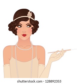 Flapper girls set: young beautiful woman of 1920s. Vintage style vector illustration isolated on white.