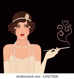 Flapper girls set: young beautiful woman of 1920s. Vintage style vector illustration. Black background.