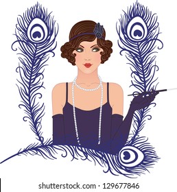 Flapper girls set: young beautiful woman of 1920s. Vintage style vector illustration isolated on white.