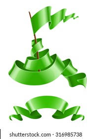 Flapping flag and ribbon green colour. Eps10 vector illustration. Isolated on white background