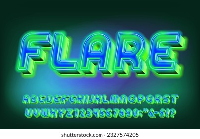 Tipo de letra del alfabeto flare. Letras y números de neón azules y verdes. Tipo vectorial de material para su diseño.