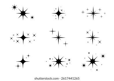 Flare burst in galaxy with shine light star sparkle flash ray glow doodle y2k pictogram retro brush abstract shape isolated element design icon sign flat art set explosion silhouette

