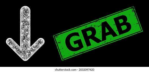 Flare Kreuzung Maschenpfeil nach unten Wireframe mit hellen Punkten, und grüner rechteckiger strukturierter Grab-Stempel-Dichtung. Konstellation Vektorrahmen erstellt aus Pfeil-nach-unten Piktogramm und kreuzten weißen Linien.