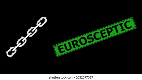 Flare crossing mesh chain wireframe with light dots, and green rectangular unclean Eurosceptic stamp seal. Illuminated vector framework created from chain icon and crossing white lines.