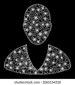 Flare crossing mesh client profile with lightspots. Vector carcass generated from client profile icon, and with intersected lines. Bright carcass mesh client profile on a black background.