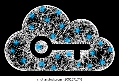 Flare crossing mesh cloud key carcass with lightspots. Illuminated vector frame created from cloud key icon and intersected white lines. Sparkle carcass mesh cloud key, on a black backgound.