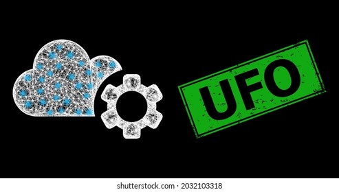 Flare crossing mesh cloud service frame with lightspots, and green rectangle textured UFO stamp seal. Constellation vector frame created from cloud service symbol and intersected white lines.