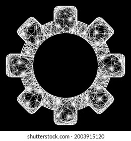Flare cruzando el marco de la malla con focos de luz. Carcasa vectorial iluminada creada a partir de un símbolo de cog y líneas blancas cruzadas. Cog de malla de marco espumoso, sobre un fondo negro.