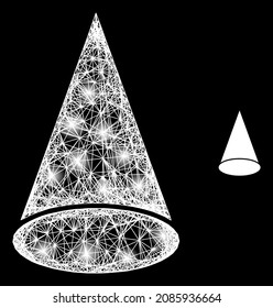 Flare crossing mesh cone figure with light spots on a black background. Light vector mesh created from cone figure icon, with hatched mesh and lightspots.