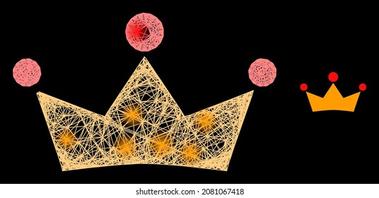 Flare crossing mesh crown with glowing spots on a black background. Light vector mesh is created from crown glyph, with intersected mesh and light dots.