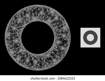 Flare crossing mesh donut with light spots on a black background. Illuminated vector mesh based on donut glyph, with intersected mesh and light dots.