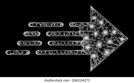 Flare crossing mesh express movement arrow with glowing spots. Vector carcass generated from express movement arrow icon, and with crossed lines.