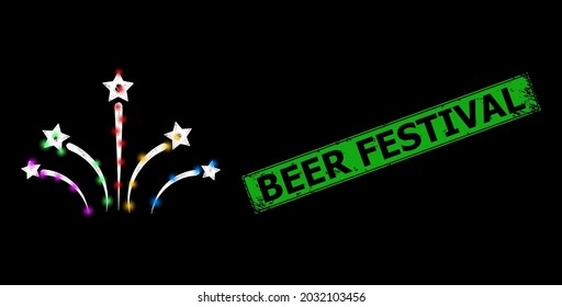 Flare crossing mesh fireworks framework with light dots, and green rectangular grunge Beer Festival seal. Constellation vector framework created from fireworks symbol and crossing white lines.