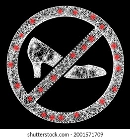 Flare crossing mesh forbidden shoes frame with lightspots. Constellation vector carcass created from forbidden shoes pictogram and crossed white lines. Sparkle carcass mesh forbidden shoes,