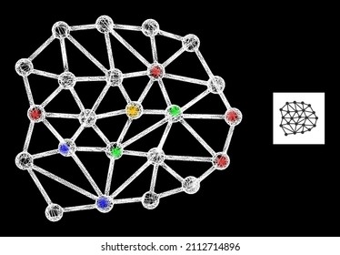 Cuadrícula de malla cruzada con puntos brillantes multicolor. Malla vectorial iluminada creada a partir de un símbolo de malla. Cuadrícula de malla de marco de espuma, sobre un fondo negro.