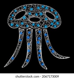 Flare crossing mesh jellyfish with light spots. Vector carcass based on jellyfish icon, and with intersected lines. Sparkle carcass polygonal jellyfish on a black background.