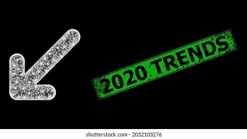 Flare crossing mesh move down left wireframe with flash nodes, and green rectangle rubber 2020 Trends stamp seal.
