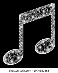 Flare crossing mesh musical notes carcass with bright dots. Constellation vector carcass created from musical notes icon and crossing white lines. Sparkle carcass mesh musical notes,