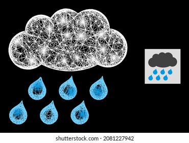Flare crossing mesh rain cloud with glowing spots on a black background. Light vector structure is based on rain cloud picture, with linear network and light spots.