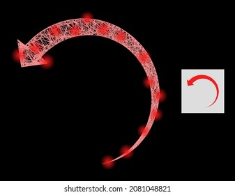 Flare crossing mesh rotate backward with light spots on a black background. Light vector structure is created from rotate backward icon, with linear net and light dots.