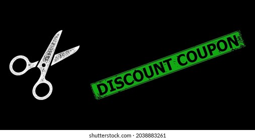 Flare crossing mesh scissors frame with light dots, and green rectangle unclean Discount Coupon stamp seal. Constellation vector mesh created from scissors pictogram and crossed white lines.