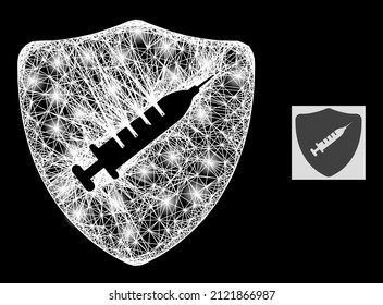 Flare crossing mesh shield vaccine with light spots on a black background. Light vector mesh is created from shield vaccine glyph, with hatched net and light spots.