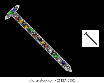 Flare crossing mesh steel nail with colorful light dots. Illuminated vector mesh created from steel nail pictogram. Sparkle constellation mesh steel nail, on a black backgound.