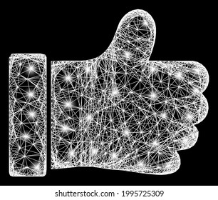 Flare crossing mesh thumb up carcass with glowing spots. Constellation vector structure created from thumb up symbol and crossing white lines. Sparkle constellation mesh thumb up,