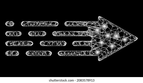Flare crossing mesh transition arrow with glowing spots. Vector model created from transition arrow icon, and with crossing lines. Constellation carcass mesh transition arrow on a black background.