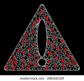 Flare crossing mesh warning triangle with glowing spots. Vector grid based on warning triangle icon, and from crossing lines. Glossy frame mesh warning triangle on a black background.