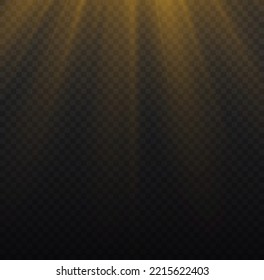 Flare effect with rays of light and magic sparkles. Golden sunlight with bright explosion. Yellow glowing explode lights. Gold star beam, blur in the light of radiance, front sun lens flash, vector 