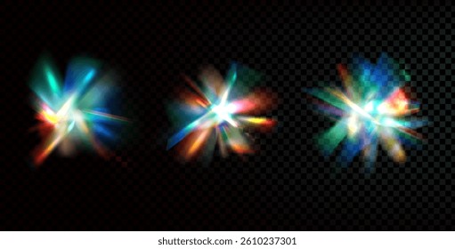 Flare glow effect with diamond iridescent glass shine. Light crystal prism sparkles set. Abstract glare magic ray. Spark flares prisms. Spectrum burst beams and particles. Vector explosion isolated.