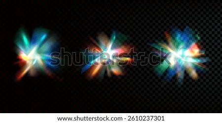Flare glow effect with diamond iridescent glass shine. Light crystal prism sparkles set. Abstract glare magic ray. Spark flares prisms. Spectrum burst beams and particles. Vector explosion isolated.