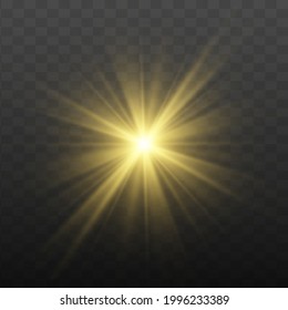 Flare with golden rays of light and magic sparkles. Bright Star. Abstract golden rays will raise. Transparent glitter gradient gloss, bright flash. Gold shining sun with transparent rays. Vector.