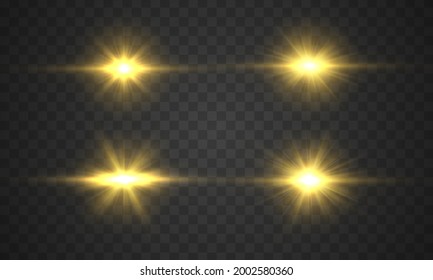 Flare con rayos dorados de luz y destellos mágicos. Estrella brillante. Los resúmenes de los rayos dorados se elevarán. Brillo transparente de gradiente de brillo, flash brillante. Sol dorado brillante con rayos transparentes. Vector.