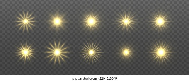 Flare with golden rays of light and magic sparkles. Bright star spark. Abstract yellow rays will raise. Transparent glitter gradient gloss, bright flash. Gold shining sun with sparkle rays. Vector.