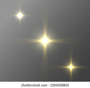 Flare with golden rays of light and magic sparkles. Bright star spark. Abstract yellow rays will raise. Transparent glitter gradient gloss, bright flash. Gold shining sun with sparkle rays. Vector.